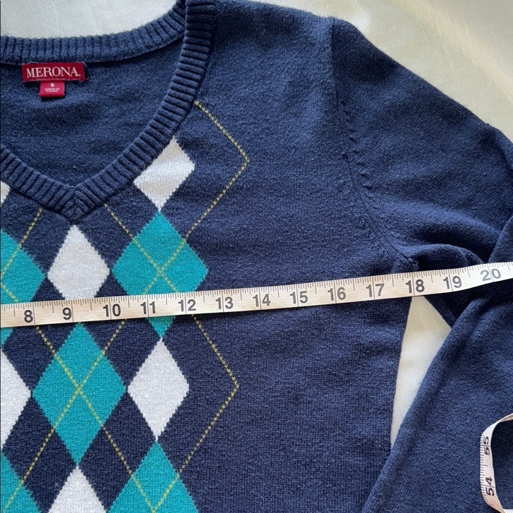 Navy Preppy Argyle Sweater Cotton Wool Angora Blend Ribbed Trim Academia Chic - Picture 5 of 10
